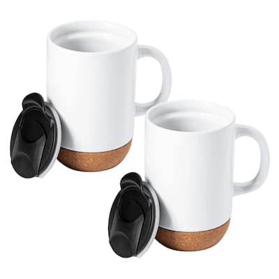 Gibson Home Modani 2 Pack Large 16.5 OZ Ceramic Mugs Set with Removable Cork Bottom and Lid