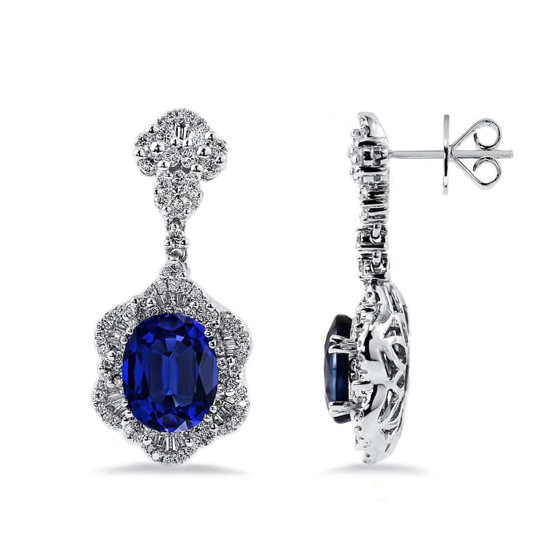 Auriya Fancy 7 9/10ct Royal Blue Sapphire Oval and 1 7/8ctw Diamond Drop Earrings 18K Gold