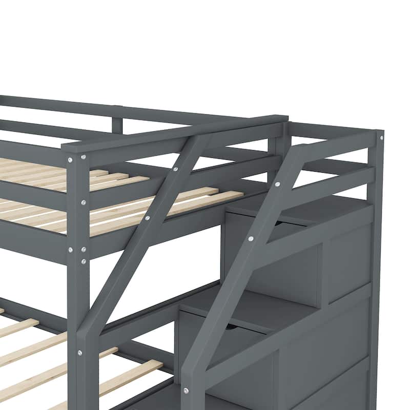 Kids Twin Ove Twin Bunk Bed with Pull-Out Trundle and 3 Storage Stairs, Safety Guardrails and Armrest