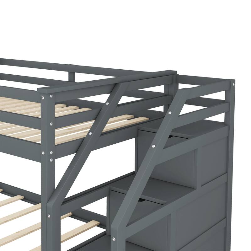 Twin-Over-Twin Bunk Bed with Trundle and Storage Stairs, Gray