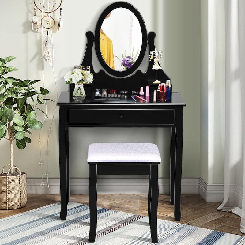 Gymax Bedroom Wooden Mirrored Makeup Vanity Set w/Stool Black - Black