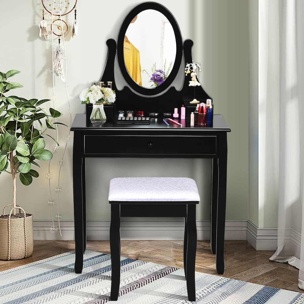 Gymax Bedroom Wooden Mirrored Makeup Vanity Set w/Stool Black