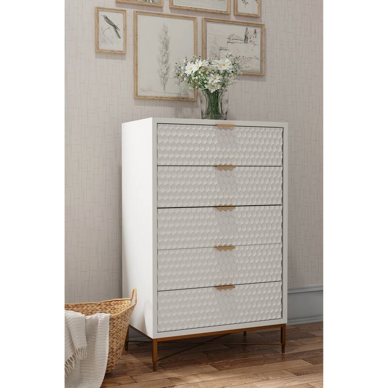 Origins by Alpine White Pearl Wood 5 Drawer Chest in White