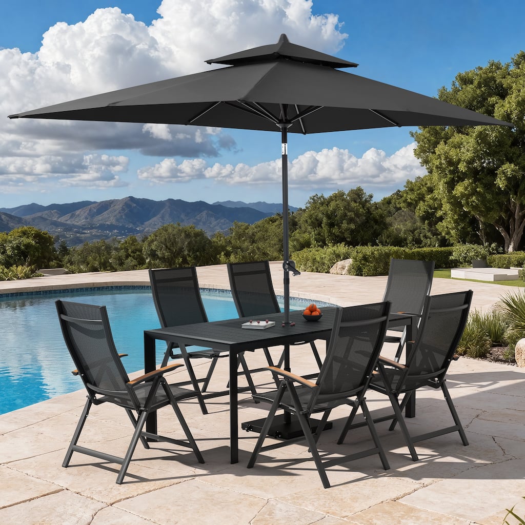 Set of 9 Outdoor Patio Dining Set WoodLike Aluminum Umbrella Hole Table with Folding Chairs, Market Umbrella and Wheel Base