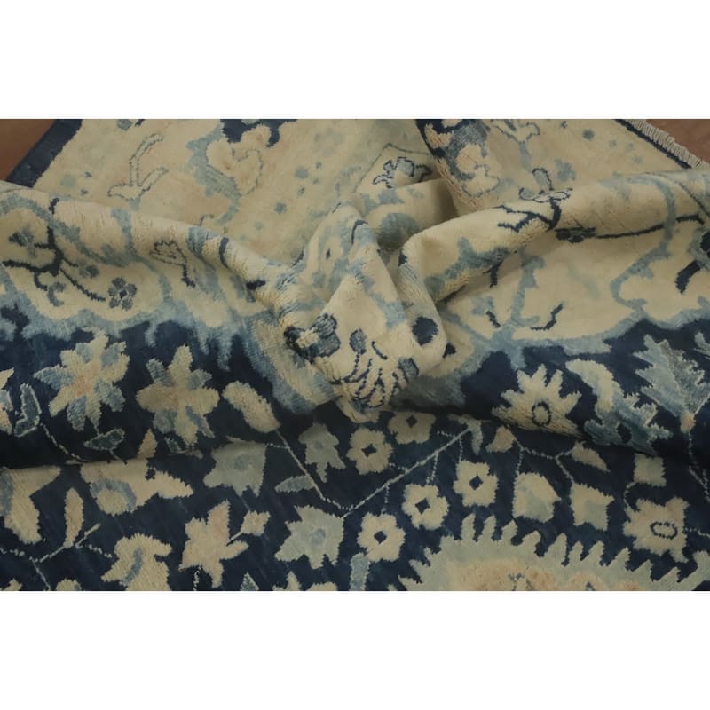 Hand Knotted Oriental 100% Wool Carpet Transitional Floral Navy Blue & Blues Oushak Area Rug - 12' 3'' X 9' 0''