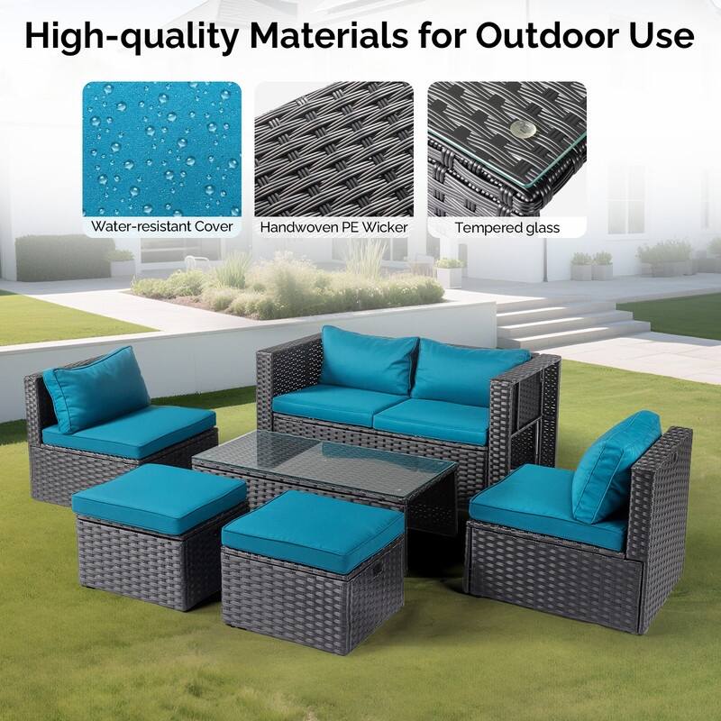 6-Piece All-Weather Wicker Conversation Sofa Set with Nesting Storage & Tea Table for Garden