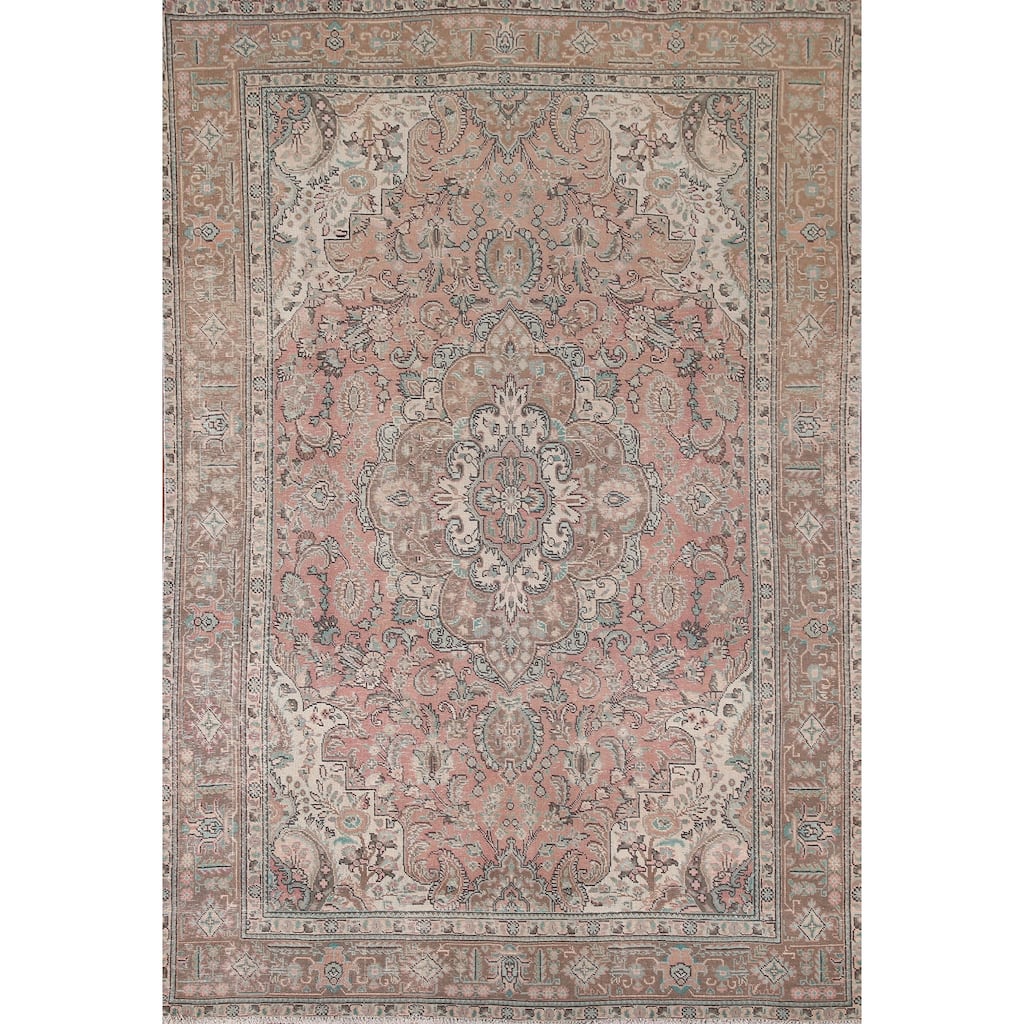 Pink Tabriz Persian Vintage Area Rug Hand-Knotted Wool Carpet - 6'3"x 9'2"