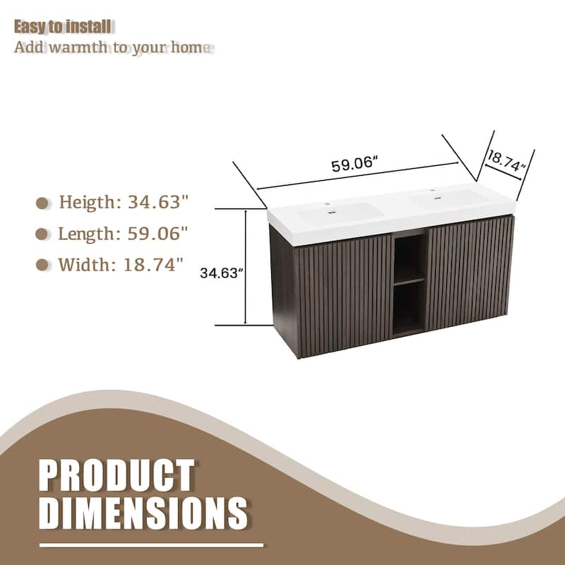 59.6'' Freestanding Bathroom Vanity with White Integrated Solid Surface Sink in Smoked Oak - 59.49'' x 19.11'' x 36.45''