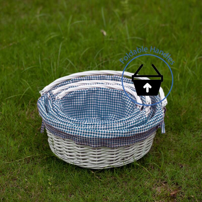 Traditional White Round Willow Gift Basket with Gingham Liner and Sturdy Foldable Handles, Food Snacks Storage Basket