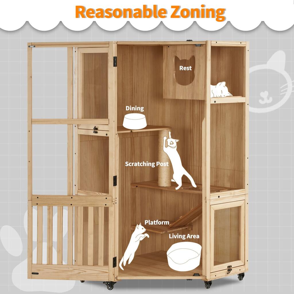 MCombo Large Corner Cat House Villa with Scratching Post, Wooden CT96 - Beige - 31.5”x31.5”x62”