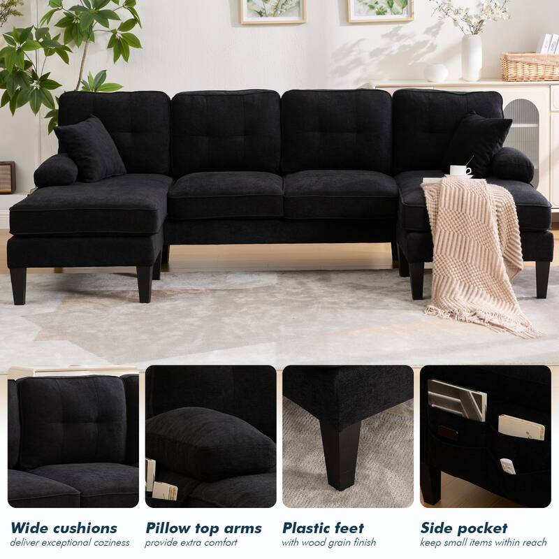 HOMEFUN Linen Upholstered U-Shaped 4-seater Tufted Wood Frame Sectional Sofa with Side Pocket