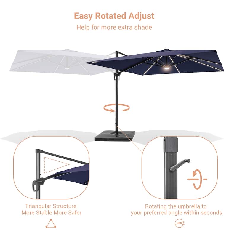 LIVOOSUN Patio10x10FT LED Aluminum Cantilever Umbrella Solution-Dyed Fabric w/Base