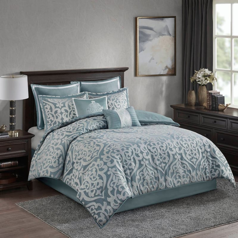 Madison Park Dillon 8 Piece Jacquard Comforter Set - Aqua/Silver - Queen