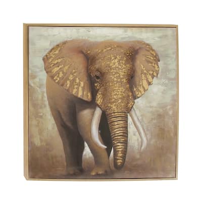 Canvas Elephant Framed Wall Art with Gold Frame - Brown - Roche River Decor
