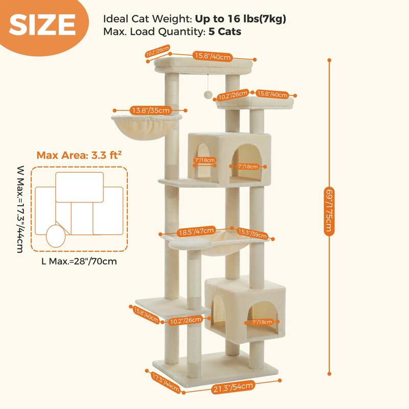 69" Tall Cat Tree Tower for Indoor Large Cats with Super Large Hammock, Scratching Posts, Condo House and Large Top Perch