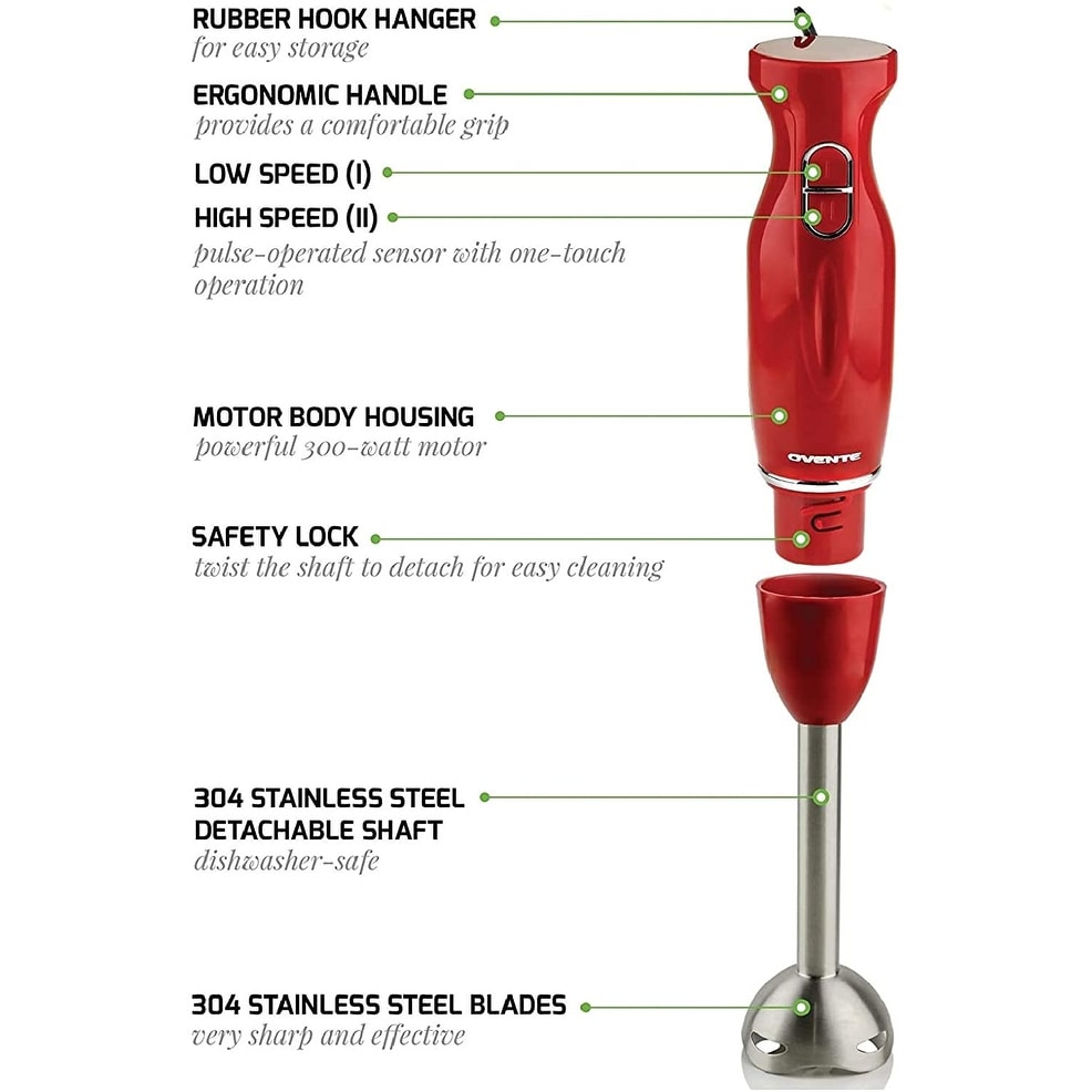 Ovente Immersion Electric Hand Blender 300 Watt Power 2 Mix Speed