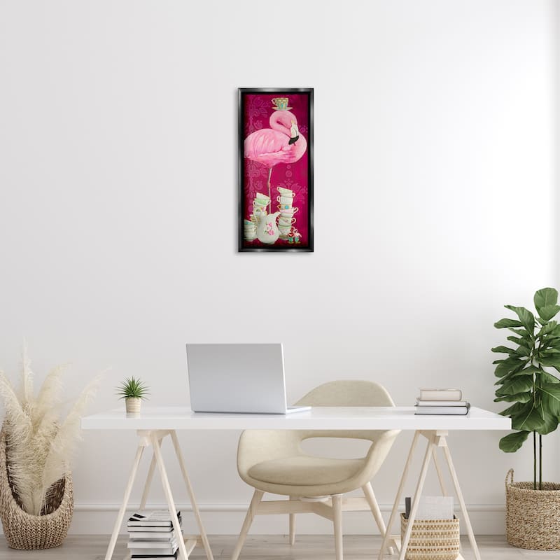 Stupell Flamingo with Antique Teacups Framed Floater Canvas Wall Art Design By Heather Gauthier