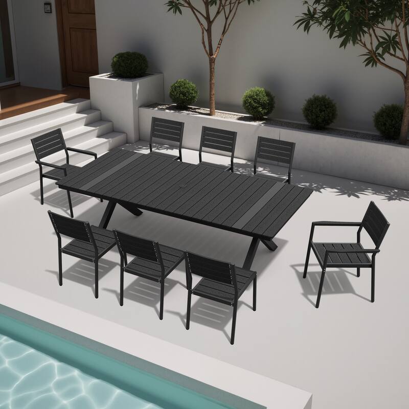 Patio Dining Furniture Set with Stackable Chairs and Dining Rectangle Table - Black