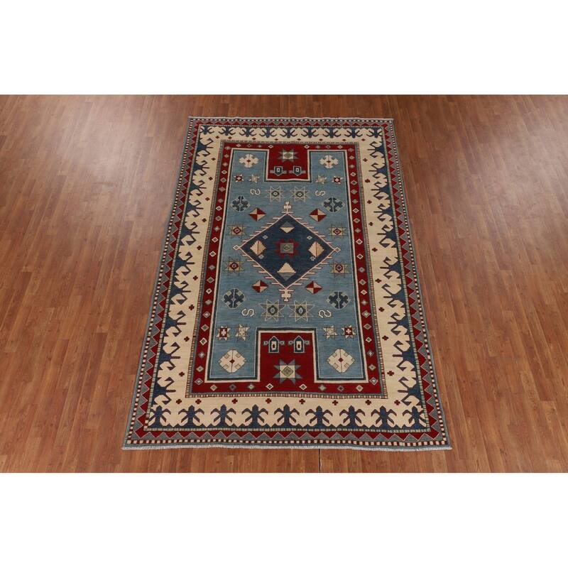 Light Blue Geometric Kazak Area Rug Living Room Handmade Wool Carpet - 6'4" x 9'10"