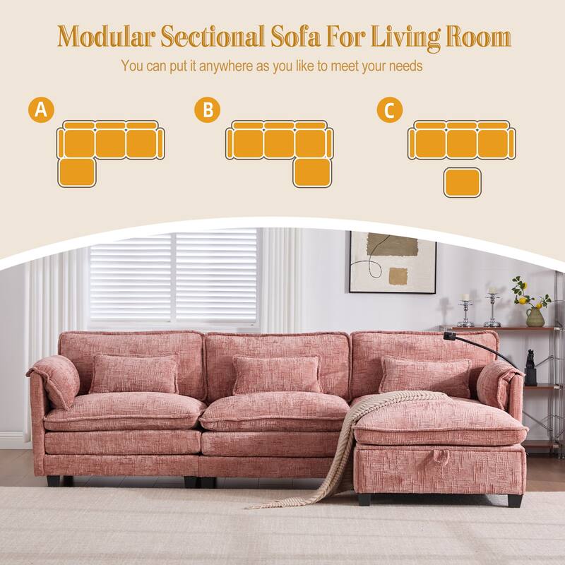 Modern Chenille Chaise Couch L-shaped Sectional Sofa with Storage Ottoman, Phone Holder, USB/Type-C Ports and Side Pockets
