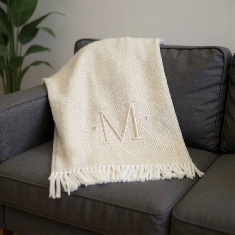 HomeRoots 55" X 70" Linen And White Herringbone Cotton Blend M Initial Throw Blanket with Tassels And Embroidery - Throw - Linen/White