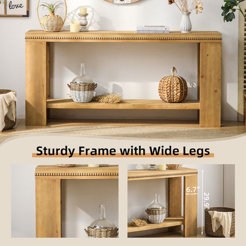 63" Boho Console Table with Beaded Trim, 2-Tier Rustic Farmhouse Entryway Table with Storage Shelf