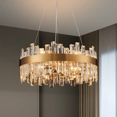 19.7'' Modern Crystal Chandelier Brass Gold Round 12-Light 2-Tier Luxury Crystal 19.7'' Raindrop Chandelier for Dining Room