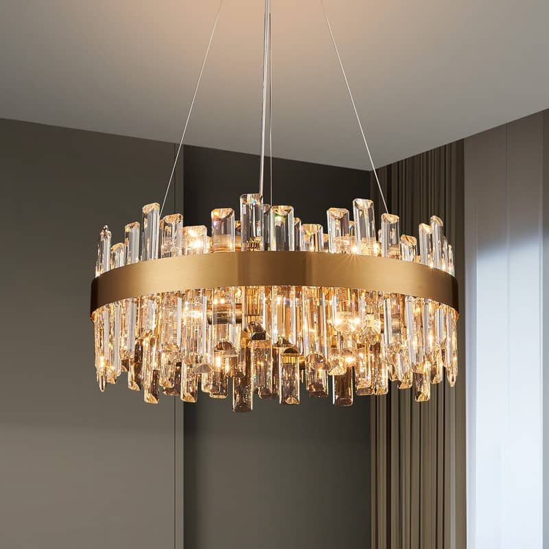 19.7'' Modern Crystal Chandelier Brass Gold Round 12-Light 2-Tier Luxury Crystal 19.7'' Raindrop Chandelier for Dining Room