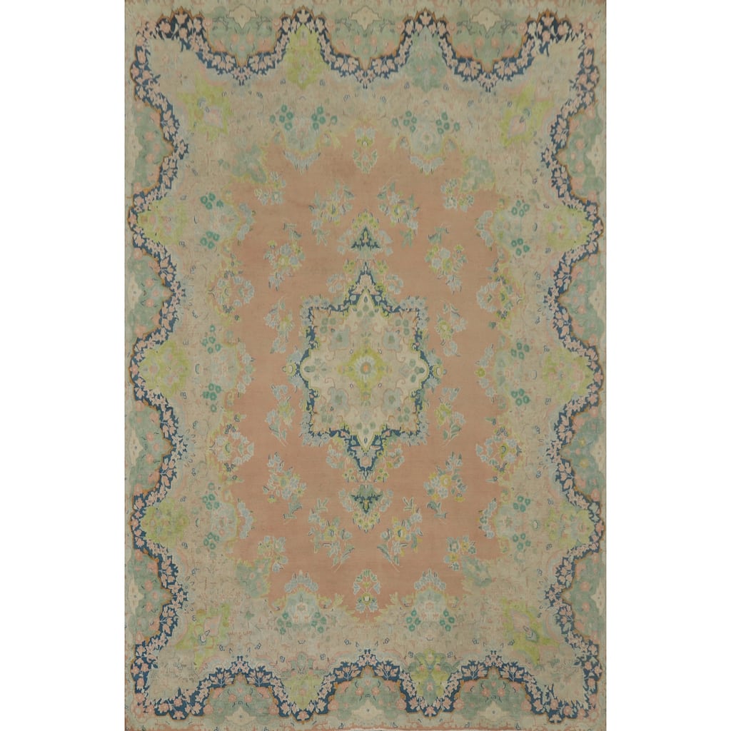 Hand Knotted Oriental 100% Wool Carpet Traditional Floral Pink Kerman Area Rug - 12' 10'' X 9' 9''
