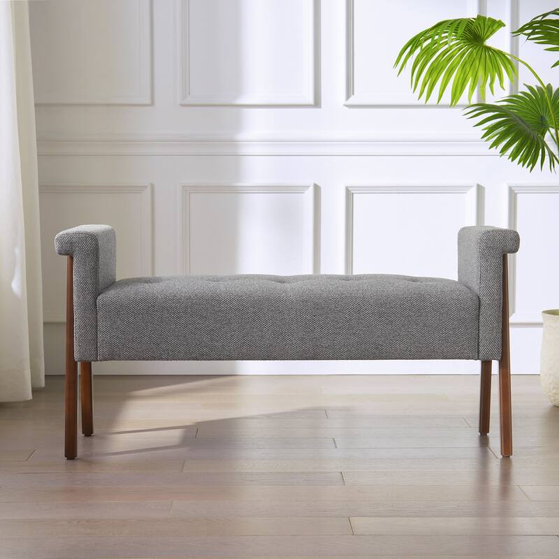 Modern Fabric Upholstered Entryway Storage Bench with Wooden Legs and Armrests