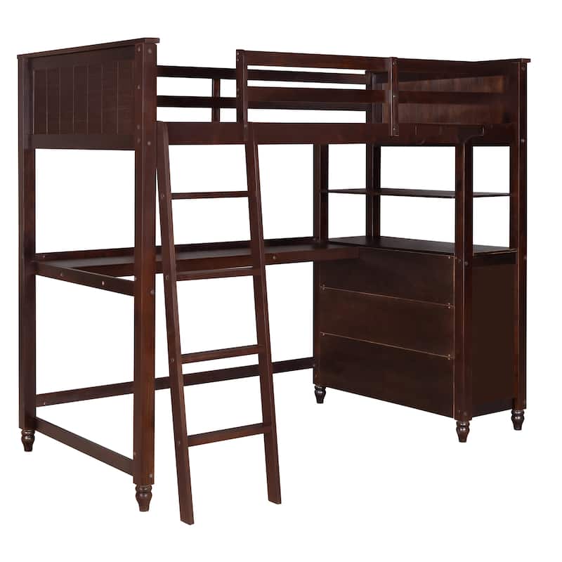 Loft Bed with Drawers and Desk, Wooden Loft Bed with Shelves