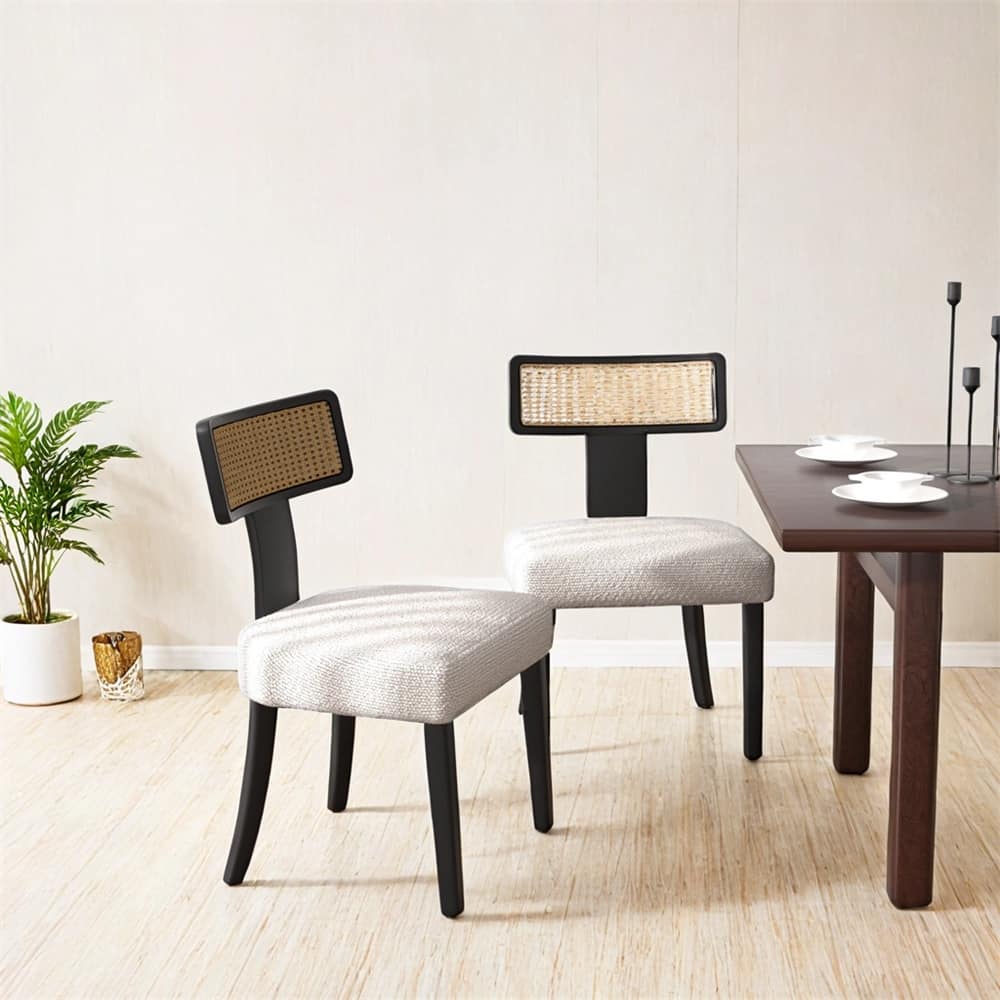 Mid Century Dining Chairs Set of 2,Solid Wood and Rattan Net Back