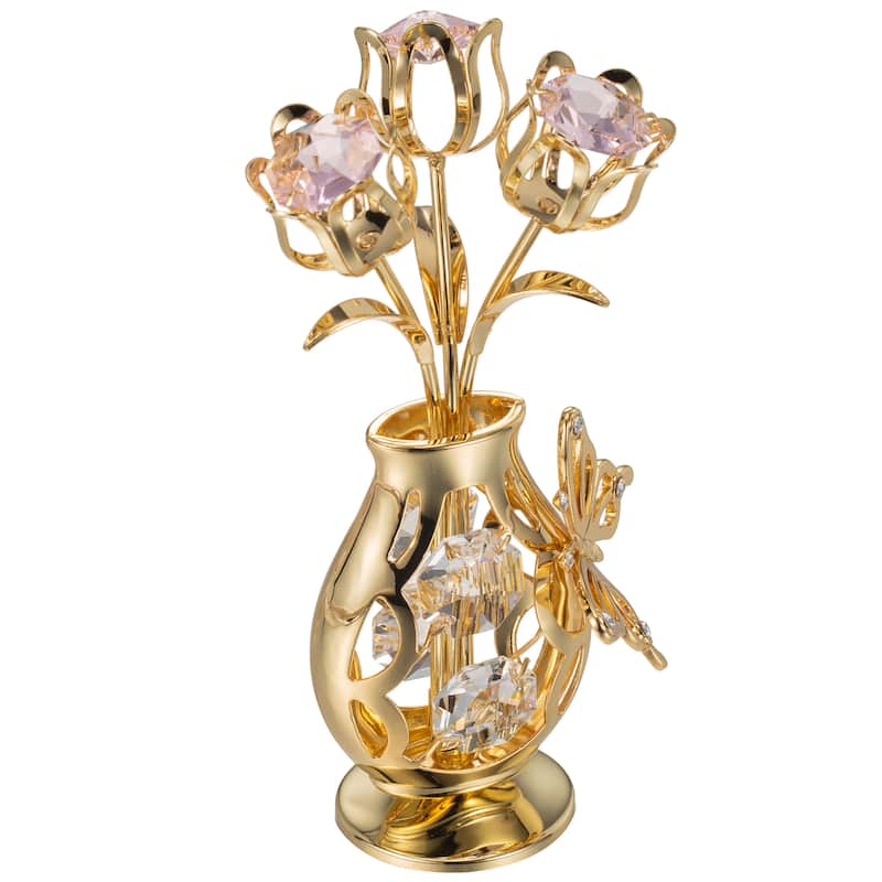 Matashi 24K Gold Plated Crystal Studded Flower Ornament in a Vase with Decorative Butterfly for gifts and home decor