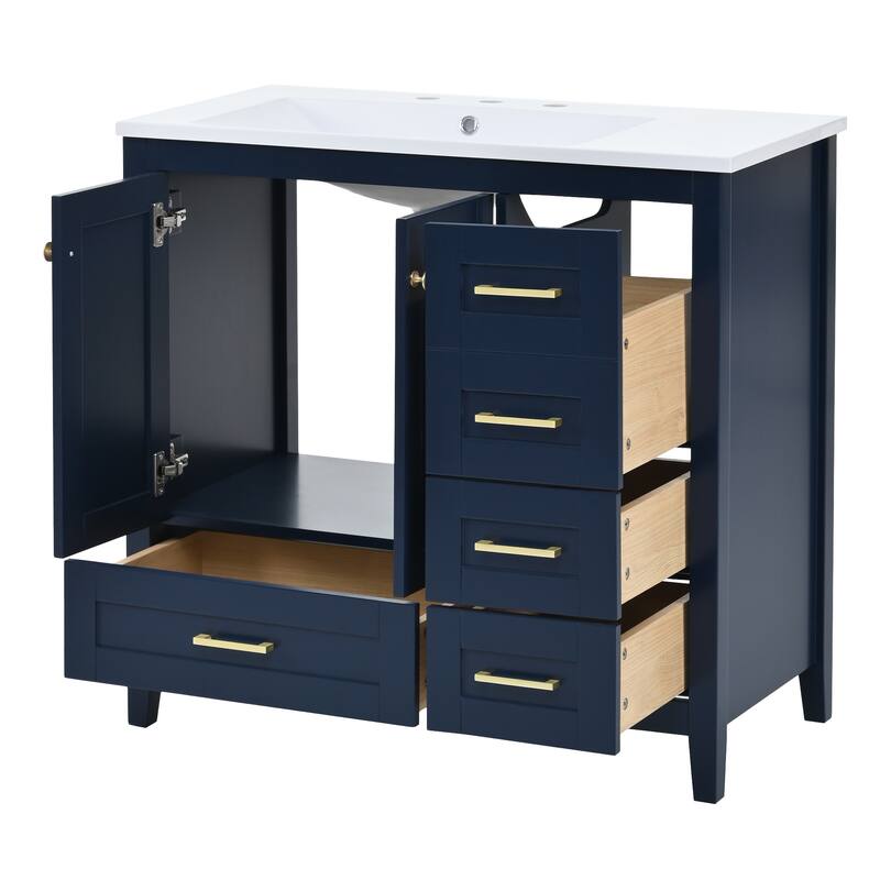 Roomfitters 36" Vanity with Ceramic Sink, Modern Cabinet with 4 Drawers, Solid Wood Feet, Freestanding Bathroom Set, Blue