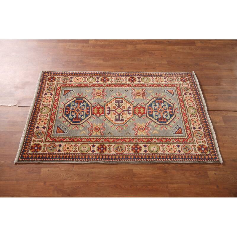 Geometric Kazak Oriental Accent Rug Handmade Grey Wool Carpet - 2'8" x 4'2"