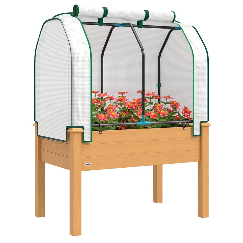Outsunny Raised Garden Bed with PE Greenhouse Cover Outdoor Elevated Wood Planter Box , 35 x 22 x 47 inch