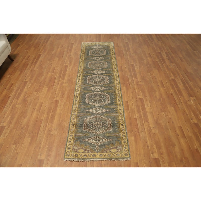 Hand Knotted Oriental 100% Wool Carpet Traditional Geometric Greys & Charcoal Viss Runner Rug - 9' 10'' X 2' 7''