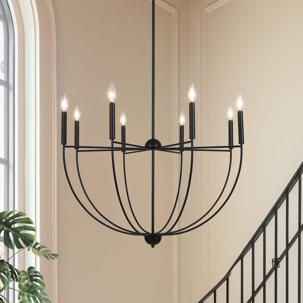Modern 8-Light Matte Black Chandelier with Bowl-Shape for Dining Room - 35 " × 23.6 "