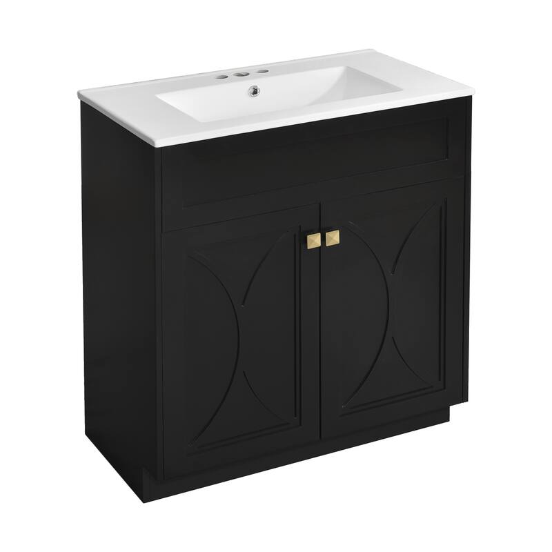 60"Bathroom Vanity with Ceramic Sink Combo, Modern Freestanding Storage Cabinet with Gold Handles, Soft Closing Doors