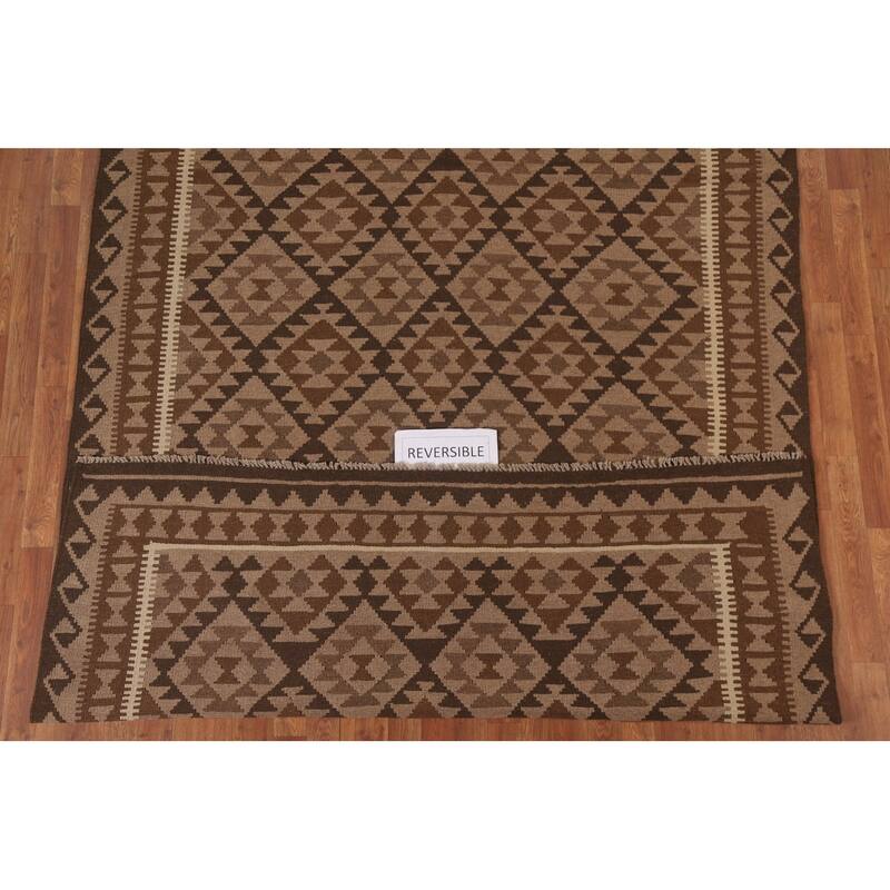 Hand Woven Oriental 100% Wool Carpet Southwestern Geometric Brown Kilim Area Rug - 9' 9'' X 6' 7''
