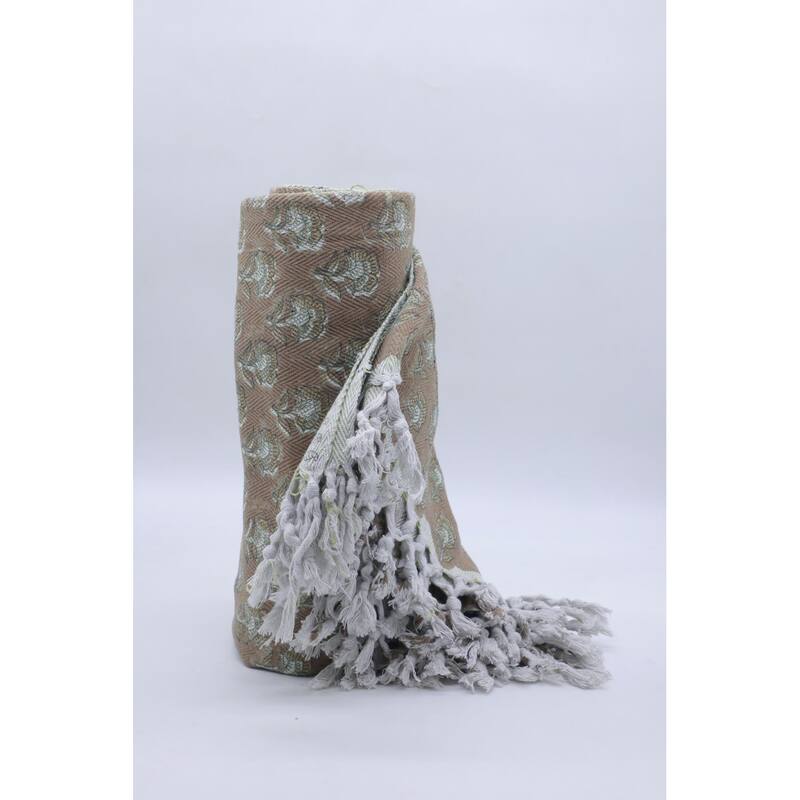 Fabdivine Rohini Handwoven Cotton Throw Blanket - Floral Block Print Decorative Home Accent with Artisan Fringe, 90" x 54"