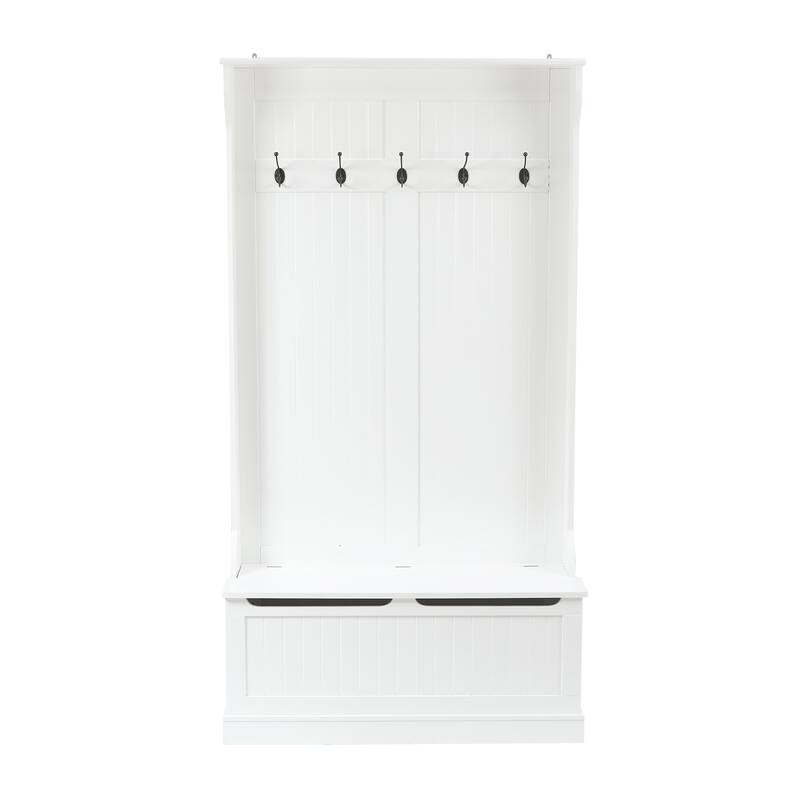 White MDF Wood Hall Tree with Storage Bench - 70.87" H x 37.8" W x 13.39" D