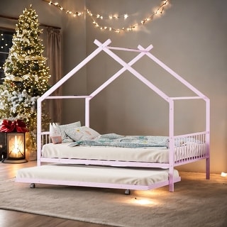 Metal Full Size House Bed with Twin Size Trundle