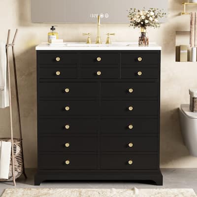 30'' Solid Wood Bathroom Vanity with Ceramic Sink Combo, Freestanding Vanity Set with 2 Drawers& Soft Closing Doors, Black