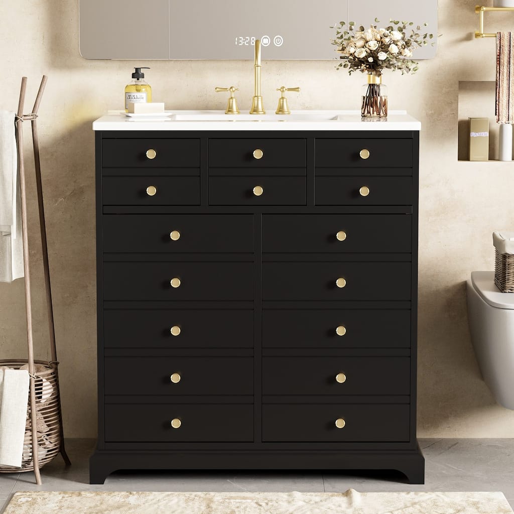 30'' Solid Wood Bathroom Vanity with Ceramic Sink Combo, Freestanding Vanity Set with 2 Drawers& Soft Closing Doors, Black
