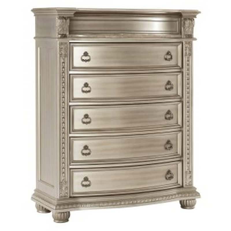 Caitlin 58 Inch Tall Dresser, Marble Top, Leaf Carving, Silver Wood