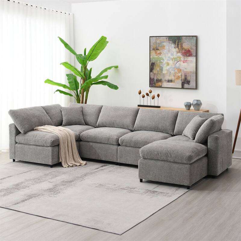 Modern Modular U-Shaped Sectional Sofa, Convertible Cloud Sleeper Sofa Bed, 6 Seat Chenille Sectional Couch Set with Ottoman - Grey