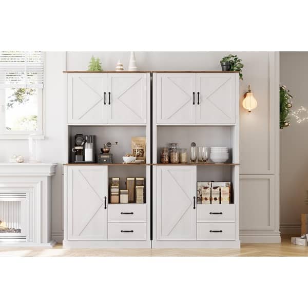 Kitchen Pantry Cabinet With Power Outlets & LED Lights - 2 Drawers, Adjustable Shelves, White, Engineered Wood