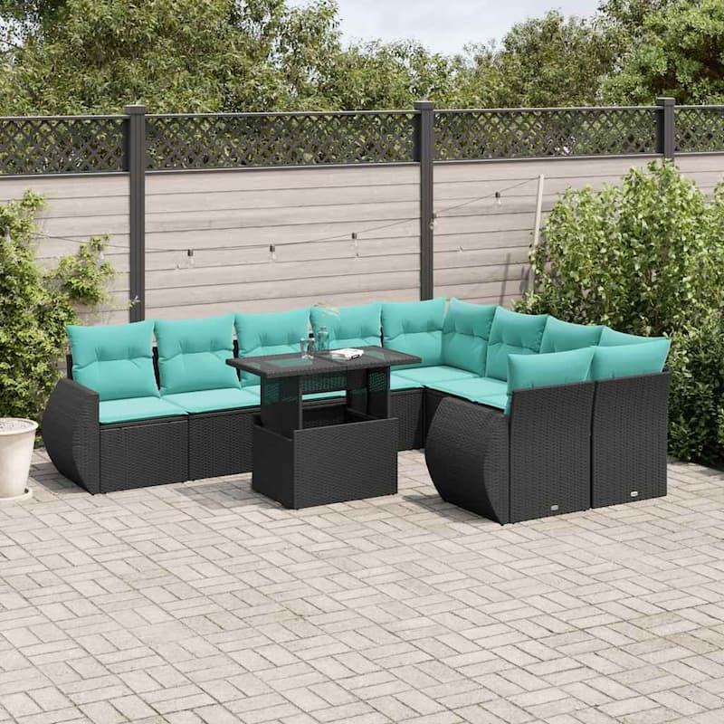 vidaXL 10 Piece Patio Sofa Set with Cushions Black/Brown/Gray Poly Rattan - 24.4 x 24.4 x 27.2 - Black