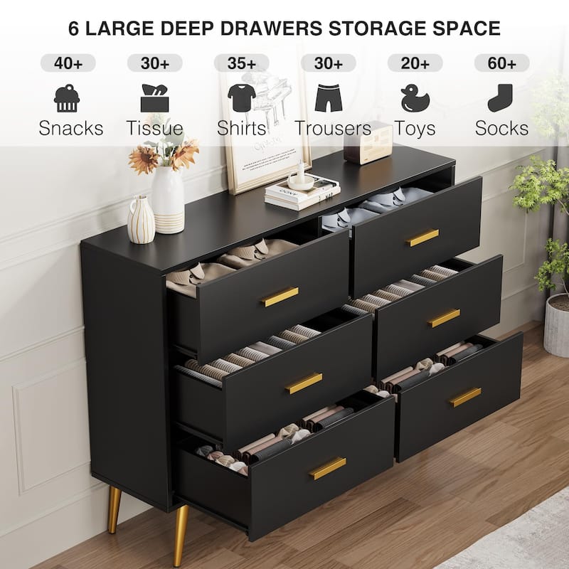 6-Drawer Modern Wooden Dresser with Gold Handles, Deep Storage Chest for Bedroom